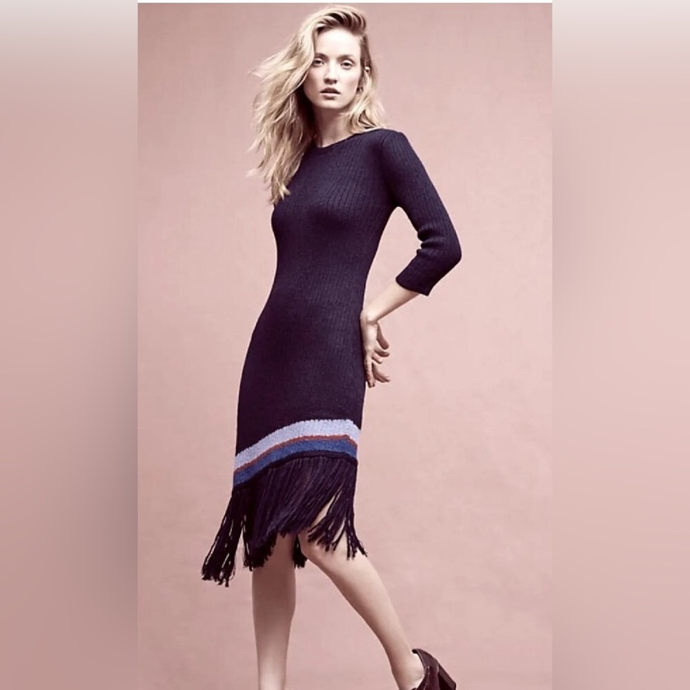 NEW NWT Anthropologie Harare Alpaca Ribbed Fringe Striped Sweater Dress Size XS